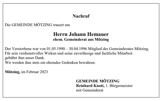 Nachruf Herr Hans Hemauer
